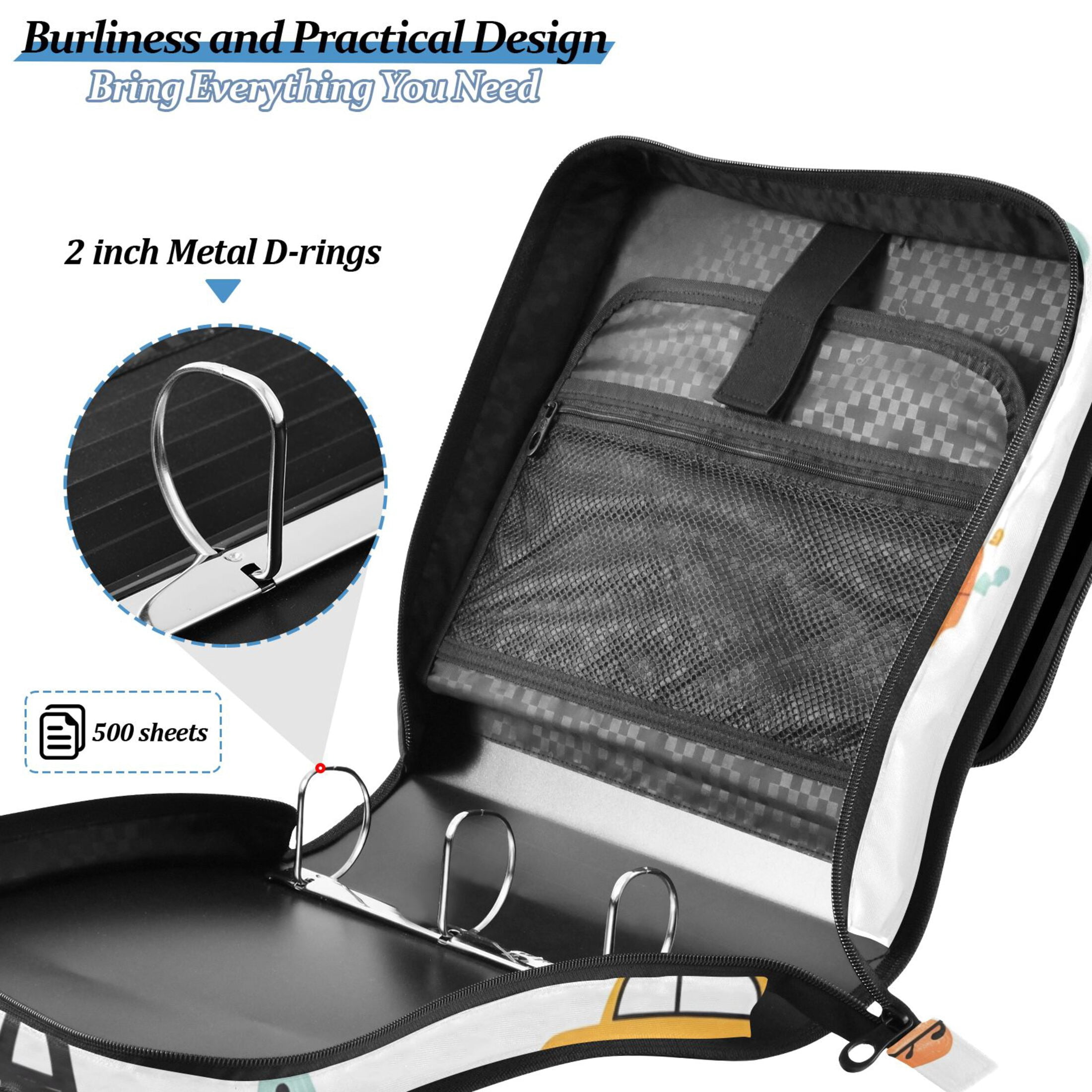 3 Ring Zipper Binder with Shoulder Strap Waterproof Trapper Keeper 2 Inch D-Ring 500 Sheets Capacity Cartoon Cars and Tree