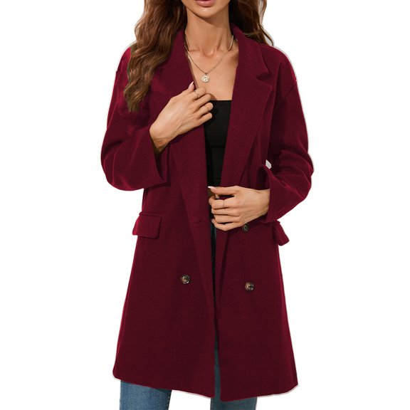 Double Breasted Coat Turn Down Collar Flap Pocket Pure Color Fashionable Women Midi Length Coat Red M