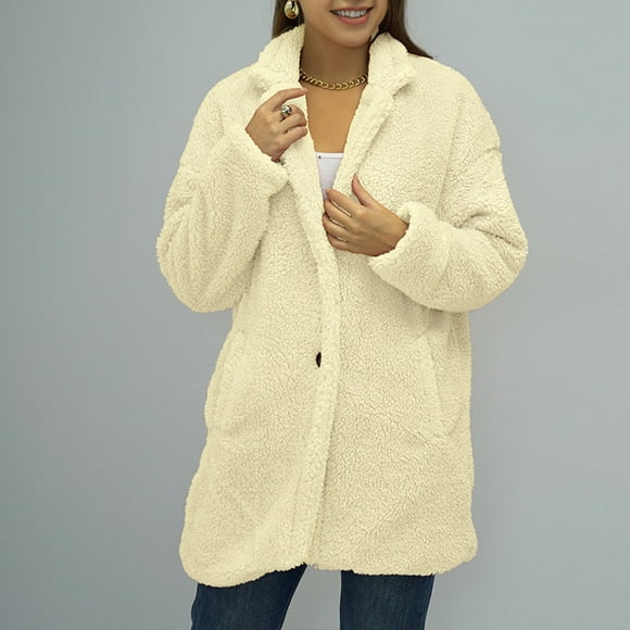 TIMIFIS Womens Fall Fashion Women's Fashion Long Sleeve Loose Solid Color Button Pocket Faux Shearling Shaggy Oversized Coat Jacket For Warm Winter Winter Coats For Women
