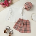 thumbnail image 3 of Happy Town Toddler Girl Fall Outfits Ruffle Top & Plaid Skirt with Hat 3-Piece Set,Size 12M-5T, 3 of 9