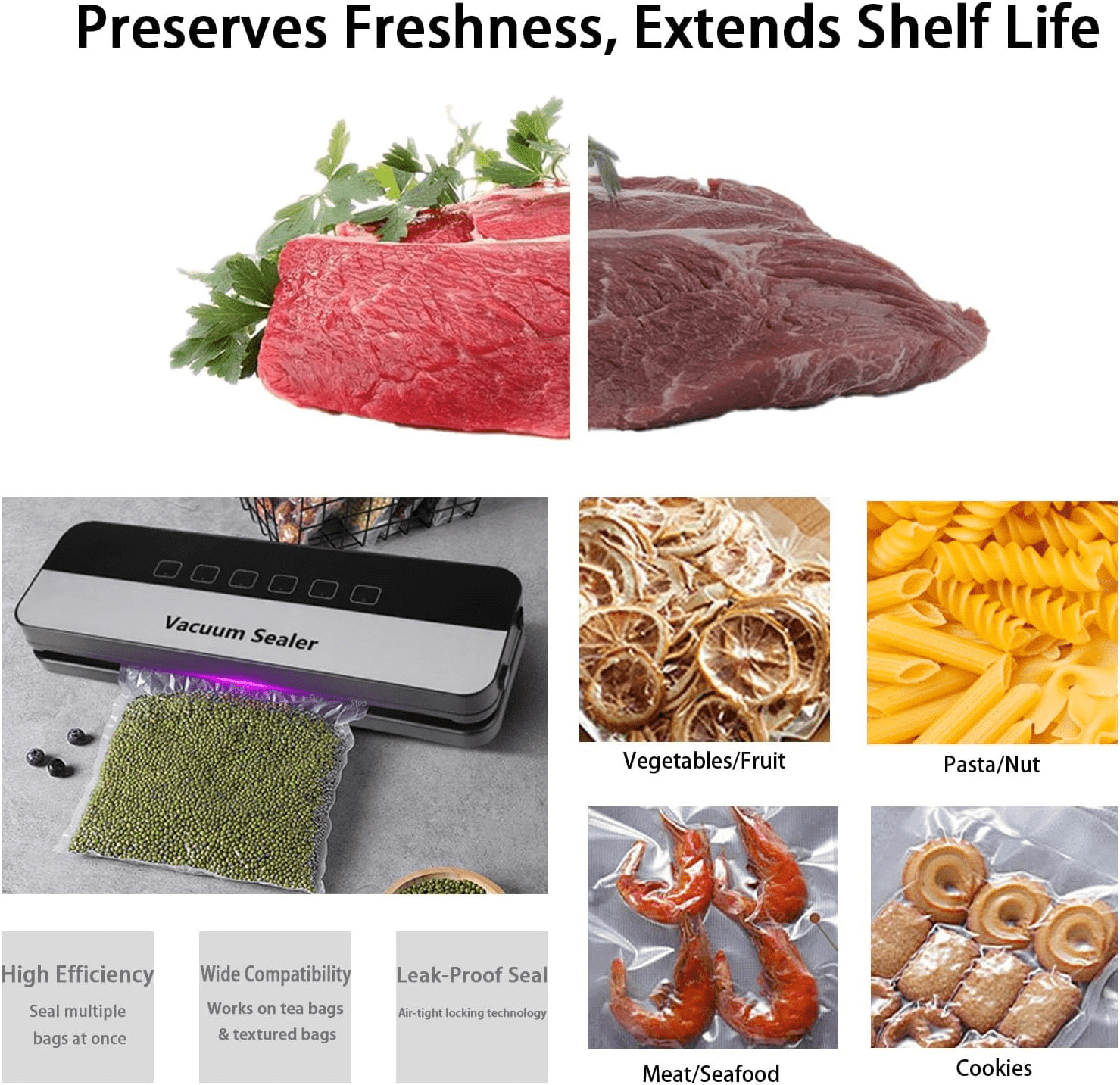 ANGAUSS Vacuum Sealer with 10Pcs Bags, Starter Kit for Dry & Moist Food Storage Sous Vide for Kitchen and 65Kpa Food Sealer Machines with 5 Modes, Dry/Wet/Draw/Seal/Vac