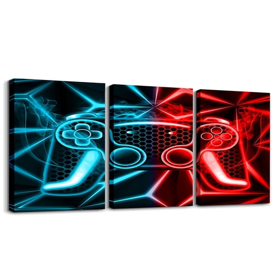 Erosebridal Gamer Gamepad Canvas Wall Art Set of 3, Neon Lines Stripes Framed Wall Art for Living Room, Video Game Theme Wall Decor for Kitchen, Luxurious Bedroom Decoration