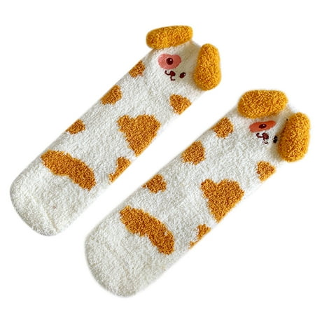 

Women Winter Fuzzy Slipper Socks Cartoon Dog Embroidery Coral Velvet Foot Warmer