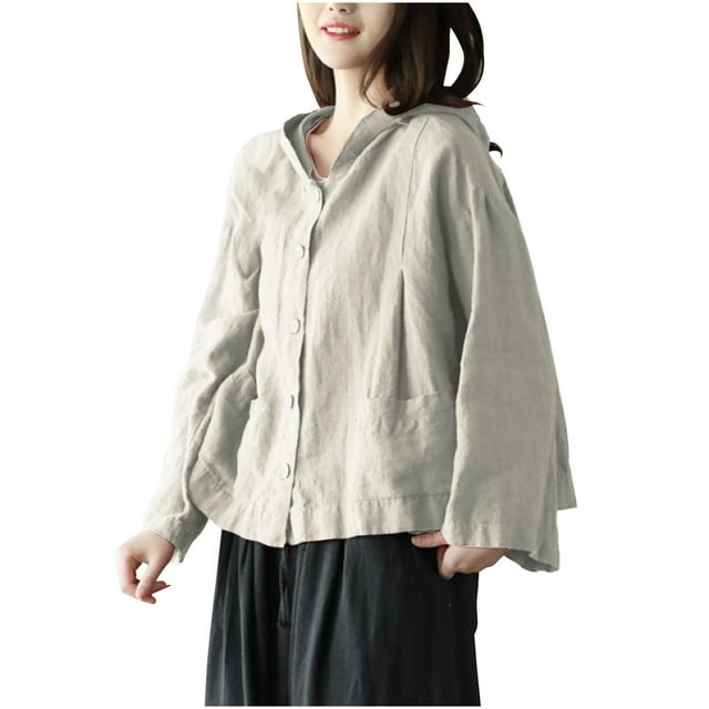 Veste de Protection Solaire à Capuche en Mélange de Lin à Manches Courtes pour Femmes, Col Rond Décontracté, Tissu Léger et Respirant, Tenue de Vacances à la Plage, Coupe Régulière, Lavage à la Main à l'Eau Froide