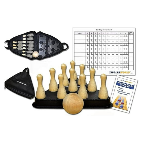 Table Shuffleboard Bowling Brown Pins - Pinsetter - Rules Booklet - Score Chart - Bag & Wood