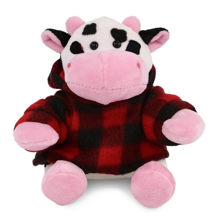 DolliBu Super Soft Cow Stuffed Animal with Plaid Red Hoodie Sweater - Cute Cow Plush Lumberjack Stuffed Toy with Plaid Jacket Dress Up for Christmas Holiday Winter - 6 Inches