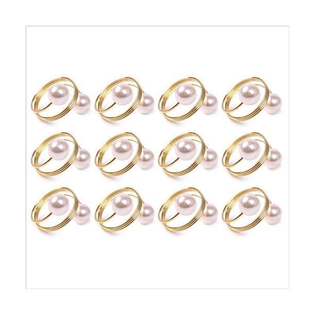 Qtmnekly Pearl Napkin Rings Set Of 12, Gold Napkin Rings Holder Pearl