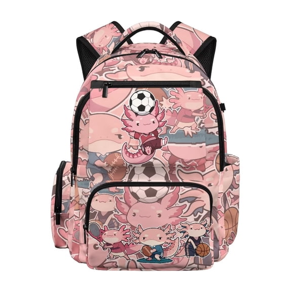 Aplkyhs Pink Soccer Axolotl Backpack for Girls Boys Age 6-18 School Bookbag Water Resistant Lightweight Student Backpack for School Travel