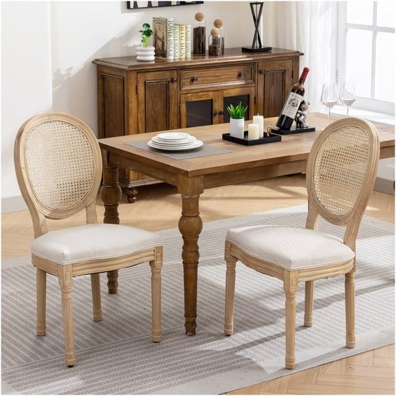French Style Dining Chairs Set of 2, Linen Upholstered Rattan Back Side Chairs with Solid Wood Frame, Antique Cream Beige Finish for Kitchen Dining Room