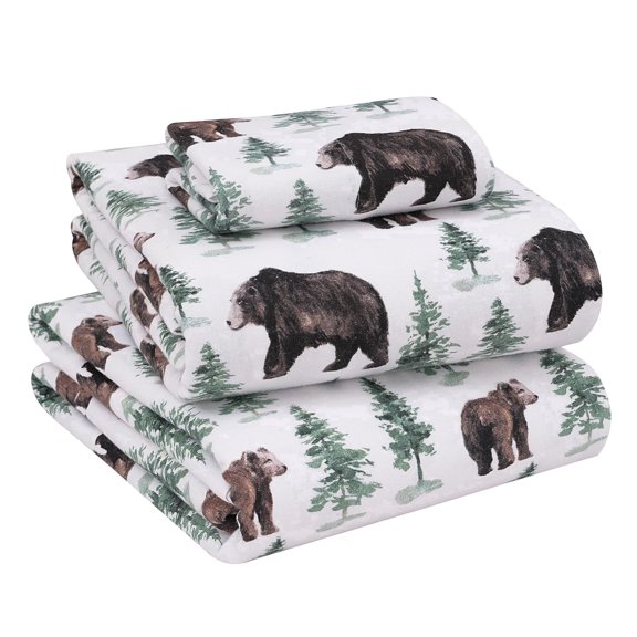 RUVANTI Flannel Sheets Twin Size - 100% Cotton Double Brushed Twin Sheets Set, Deep Pockets 16 Inches, All Seasons Breathable & Extra Soft Bed Sheets, Warm & Cozy, 3 Piece, Bear & Tree