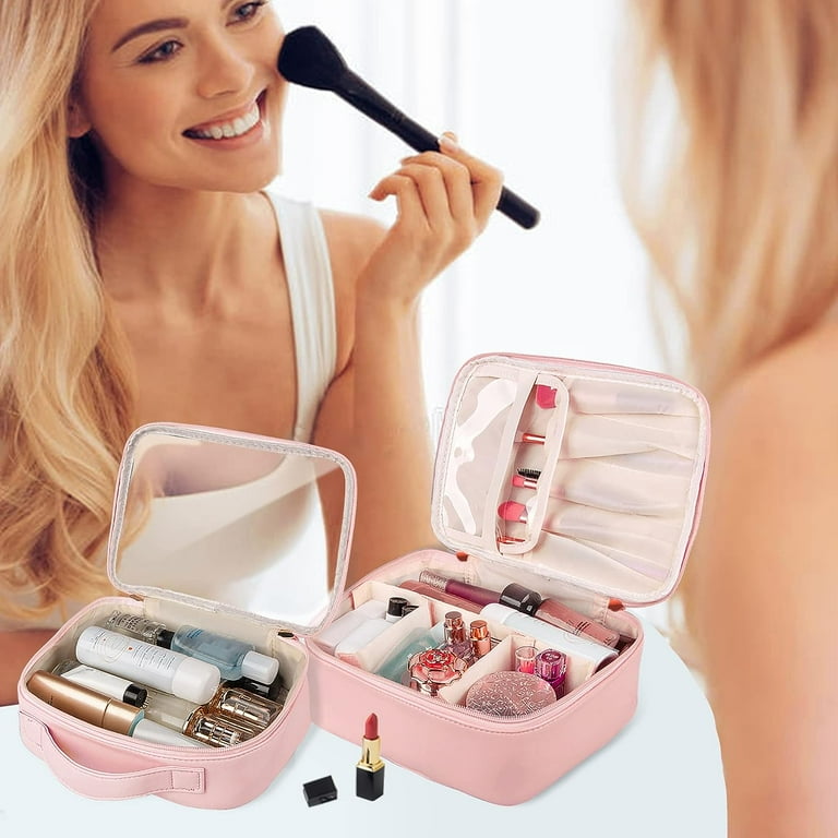 Makeup Bag, 2 PCS PU Leather Cosmetic Bags, Portable Travel Makeup Case, Large Makeup Organizer with Clear Makeup Bag for Women Pink Makeup Bag, 2 PCS PU Leather Cosmetic Bags, Portable Travel Makeup Case, Large Makeup Organizer with Clear Makeup Bag for Women Pink