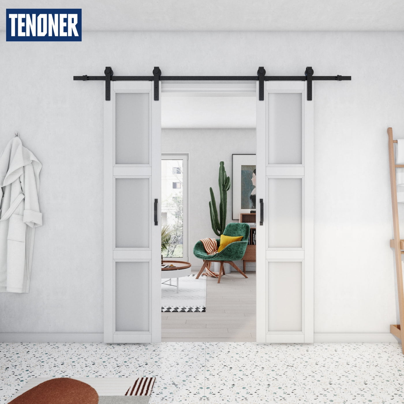 TENONER 36in x 84in Double Sliding Barn Door with Hardware Kit Tempered Glass for 3 lattices– White Color