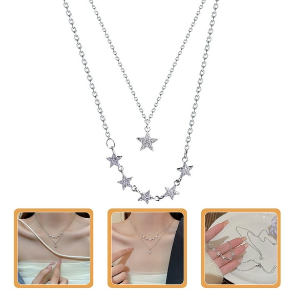 PAMINGONO 2Pcs Star Necklace Jewelry Pendant Clavicle Chain Women Silver 46x3Cm
