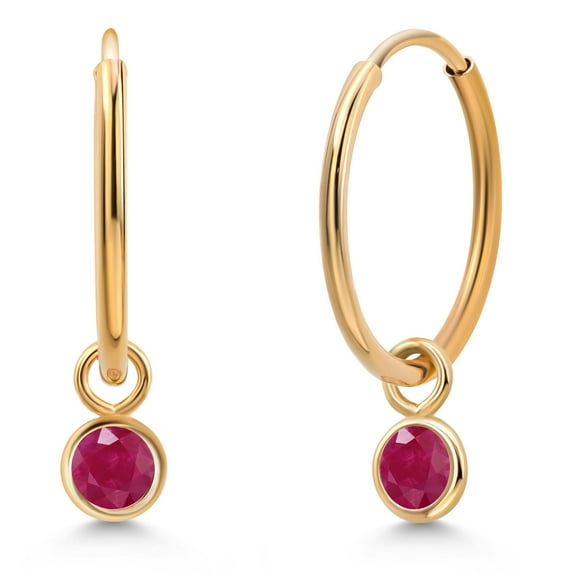 Gem Stone King 14K Yellow Gold Red Ruby Snap Closure Continuous Endless Drop Dangle Hoop Earrings for Women (0.31 Cttw, Gemstone Birthstone, Round 3MM)