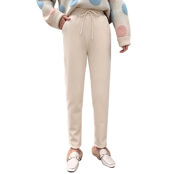 Moda mujer Pantalones de color sólido Fleece Cálido Cintura alta Bolsillo con cordón Pantalones Hare Abanopi Beige/XX-grande