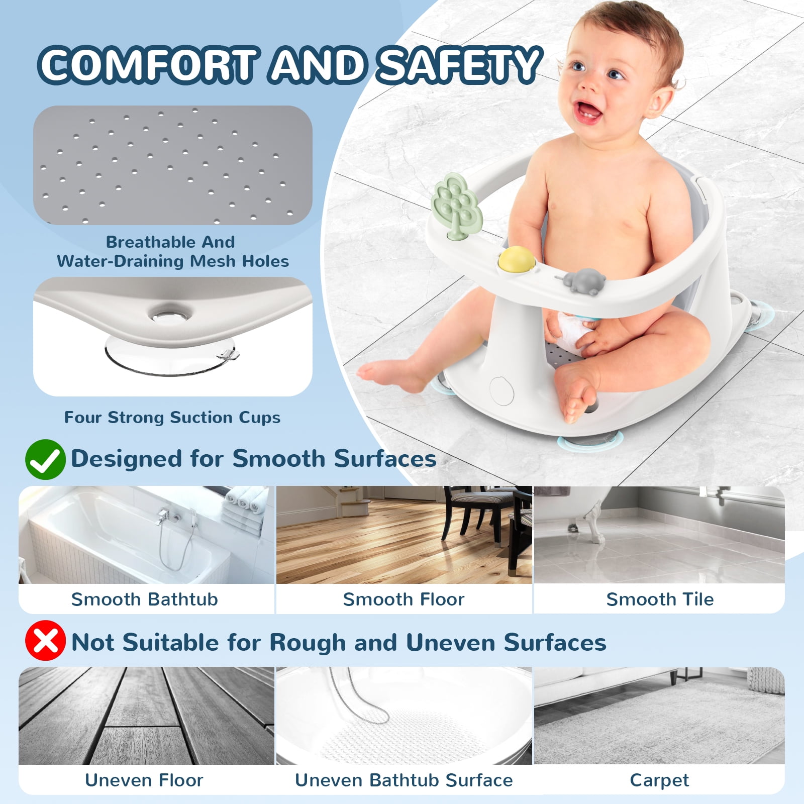 Baby Bath Seat for 6 Months and up - Non-Slip, Comfortable  Bath Seat with Rinse Cup,Baby Bathing Essentials Grey