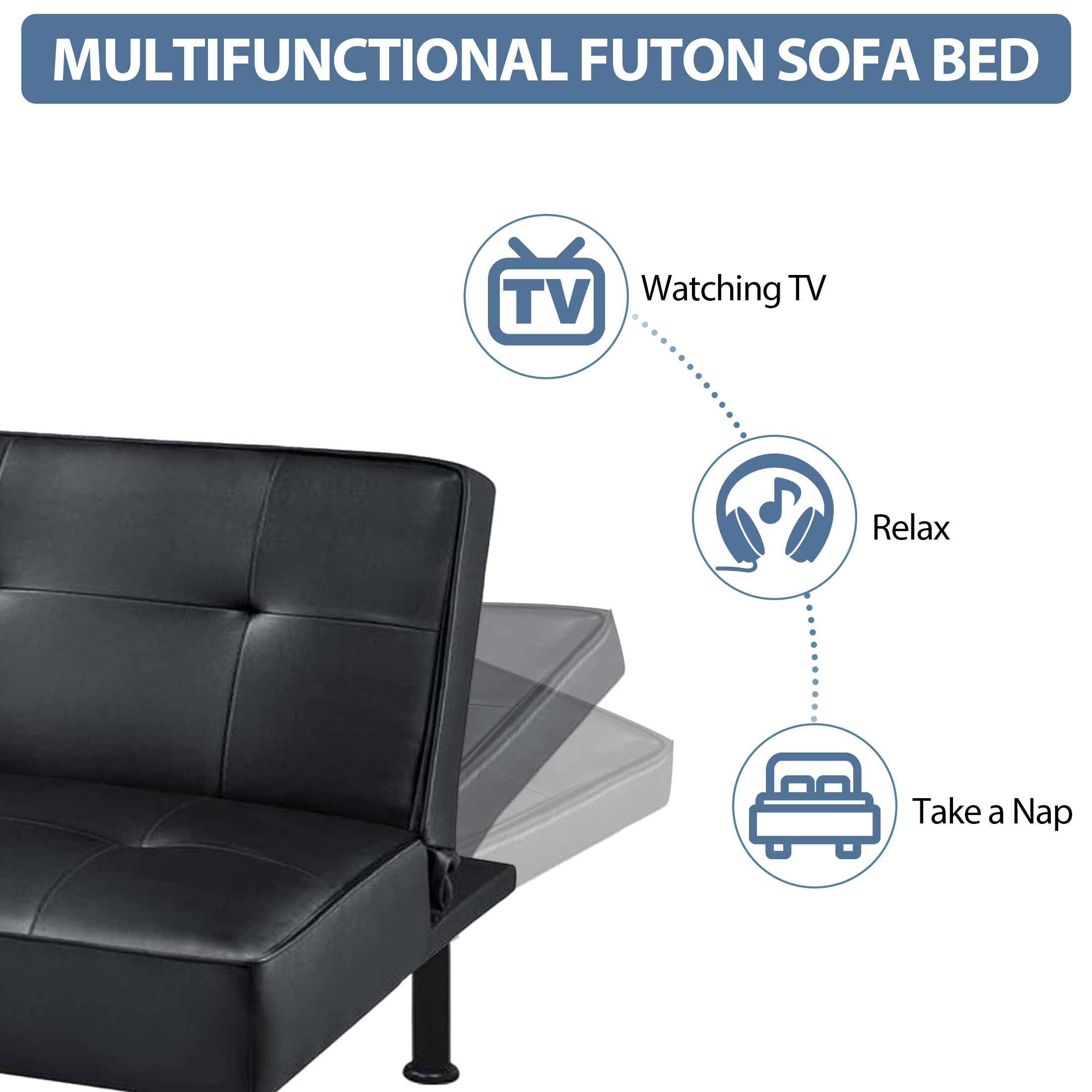 Aukfa Modern Futon Convertible Sofa Bed for Home Office, Tufted Back, Leather, Black