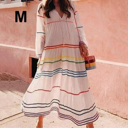 

Viugreum Women V-neck Rainbow Striped Dress Casual Long Sleeve Loose Frock