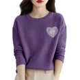 thumbnail image 3 of Women's Hand-Crochet Detail Sweater, 3D Floral Embroidered Pullover, Casual Crewneck Knit Top, Boho Chic Long Sleeve Blouse, Lightweight Textured Pullover Purple L, 3 of 10