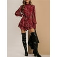 thumbnail image 3 of Women's Floral Long Puff Sleeve Dress Chiffon Mock Neck Tie Waist Ruffle Layered Mini Dresses Deep Red S, 3 of 7