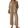 thumbnail image 4 of Women's 2 Piece Lounge Set, 3/4 Sleeve V Neck Casual Top and Wide Leg Pants, Soft Material Matching Outfit for Daily Wear, Beach Travel and Relaxation-Khaki, 4 of 7