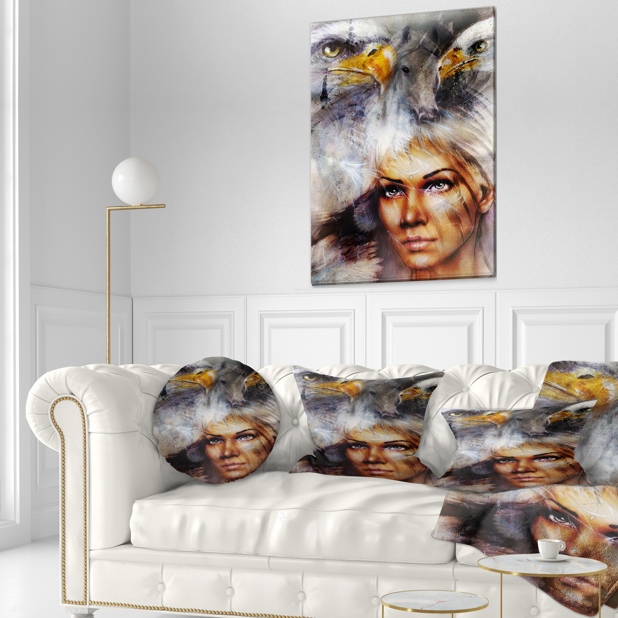 Designart Woman with Flying Eagles - Portrait Throw Pillow - 12x20