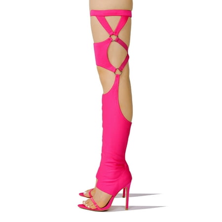 

Cape Robbin Gealia Pink Stiletto Heel Pointed Toe Thigh High Gladiator Sandals (Pink 11)