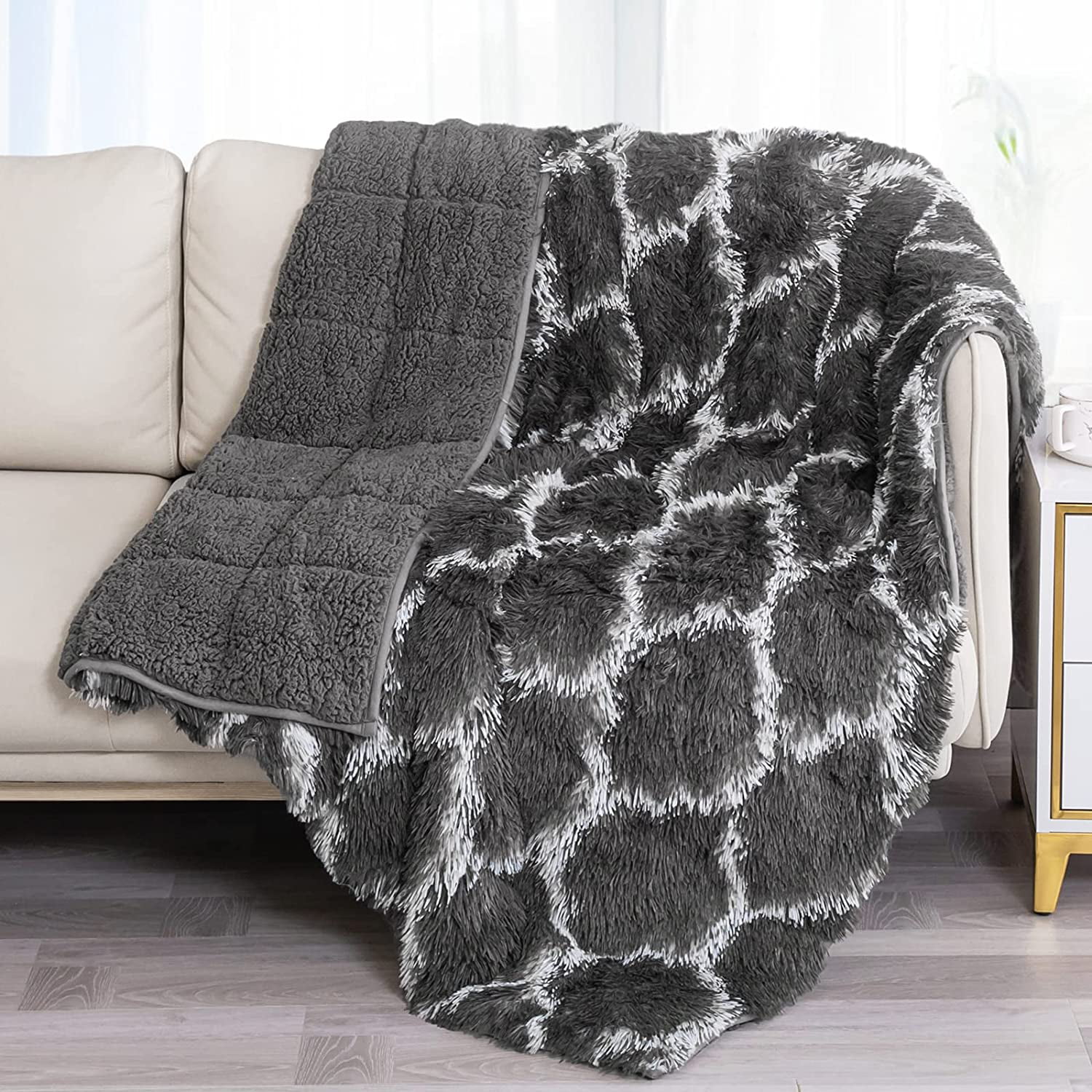 immtree Faux Fur Weighted Blanket 15lbs for Adult,Moroccan Printed Luxury Cozy Long Hair Heavy Blanket 60 x 80 inches Grey,Fluffy Plush Sherpa Super Soft for Bed Couch Sofa Decorate Home 