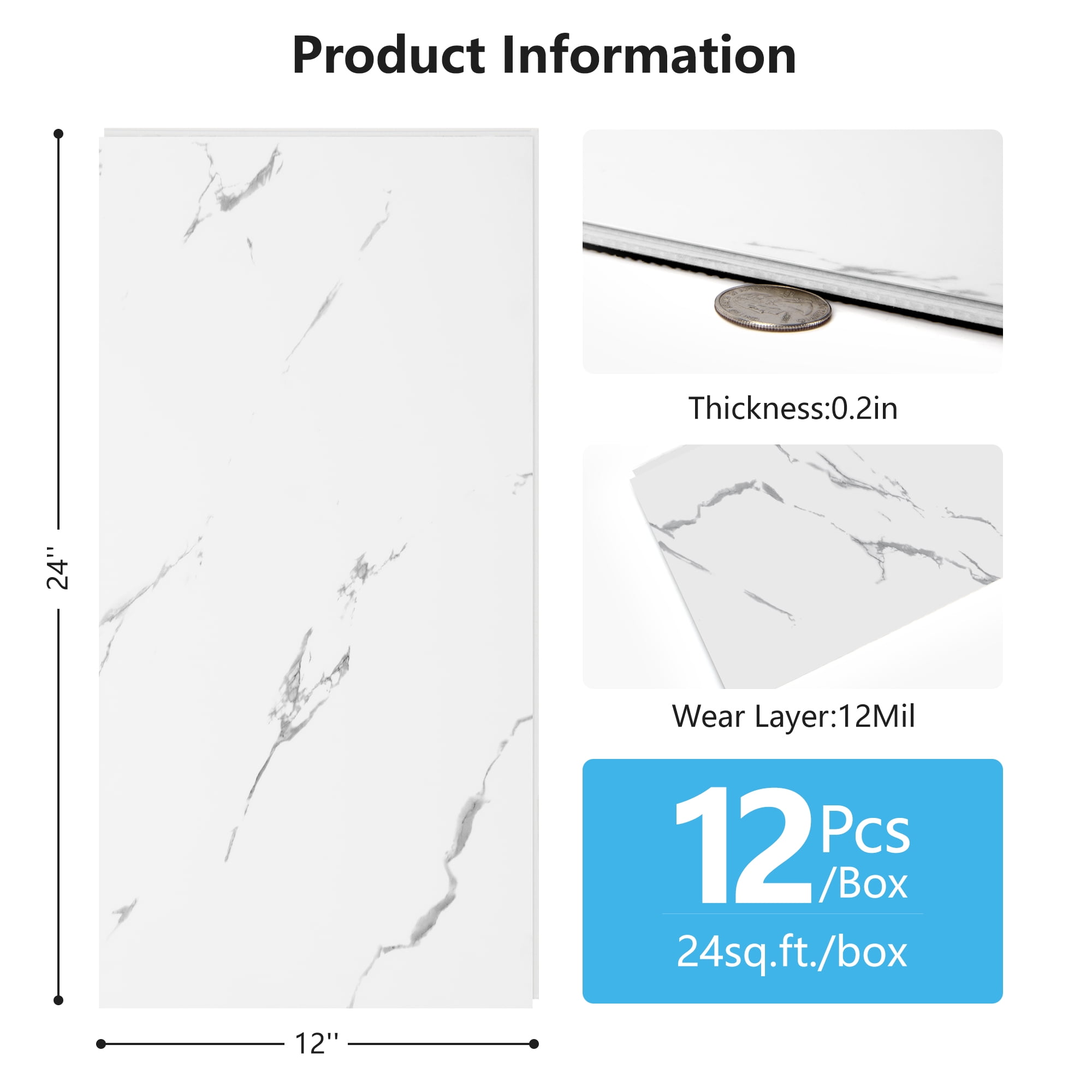 Art3d 24''x12'' 12Pcs Click-Lock Luxury Vinyl Flooring Tile, Interlocking Waterproof SPC Rigid Core Marble Flooring Tile,24 Sq.ft,White Marble
