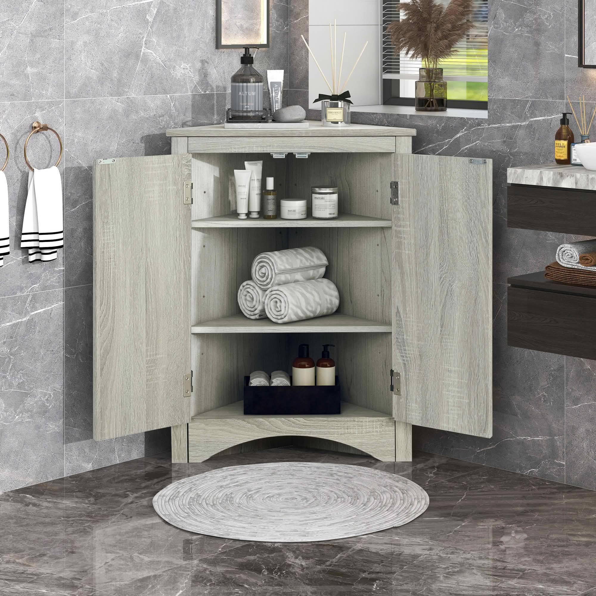 MAYEERTY Oak Triangle Bathroom Cabinet Adjustable Shelves Freestanding Floor Cabinet