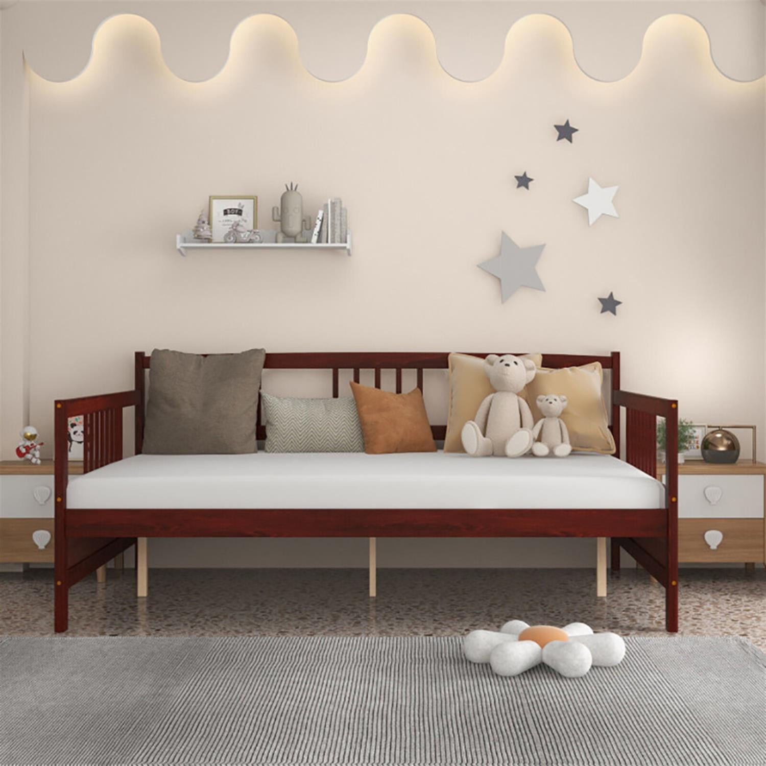 Demi Bonn Classic Wooden Full Size Daybed Frame with Guardrails, Modern Bed Frame for Teens, Brown