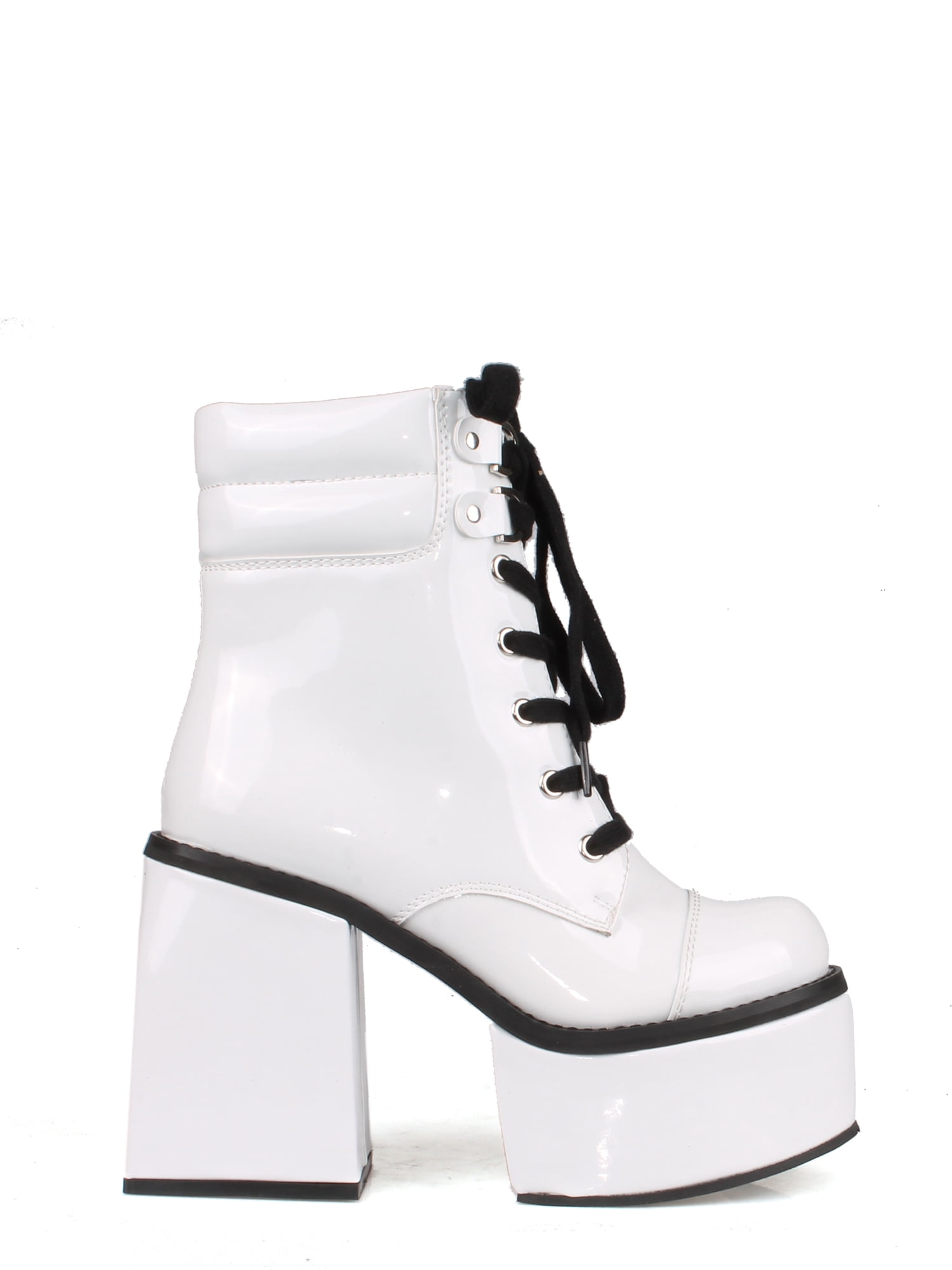 Patent Women's Lace Up Platform Block Heel Mid Calf Boots in White