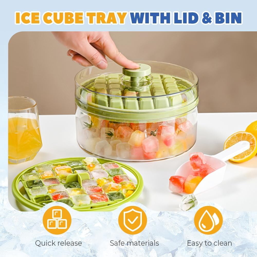 Ice Cube Tray, Ice Cube Tray for Freezer with Lid, 64 PCS Easy Release Silicone Ice Cube Container, Container with Lid and Spatula for Chilling Cocktails Whiskey Juice Drinks Coffee (White, 2 Layers)