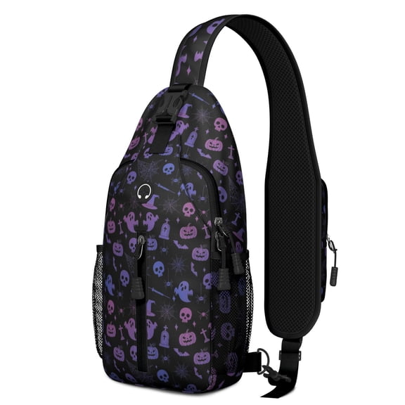 Sling Backpack,Purple Halloween Ghost Pumpkin Skull Pattern Crossbody Bag with Water Bottle Holder,Waterproof Sling Bag for Men/Women with Chest Phone Holder for Hiking,Travel