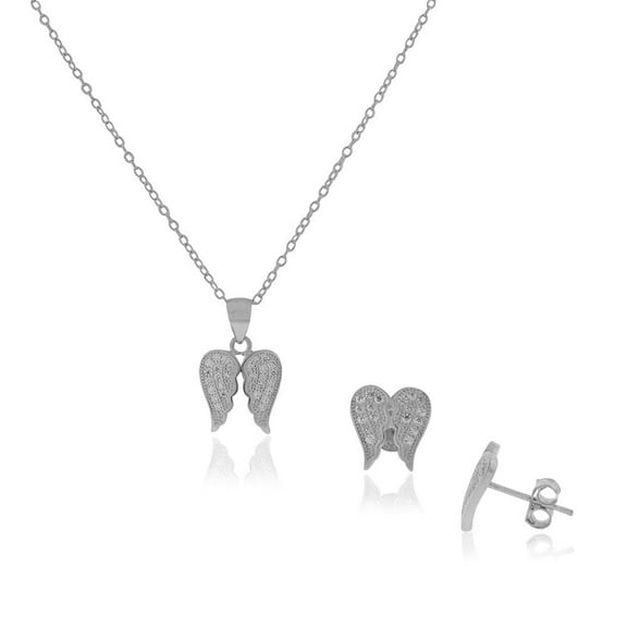 Sterling Silver Angel Wings Small Pendant Stud Earrings Jewelry Set, 18"