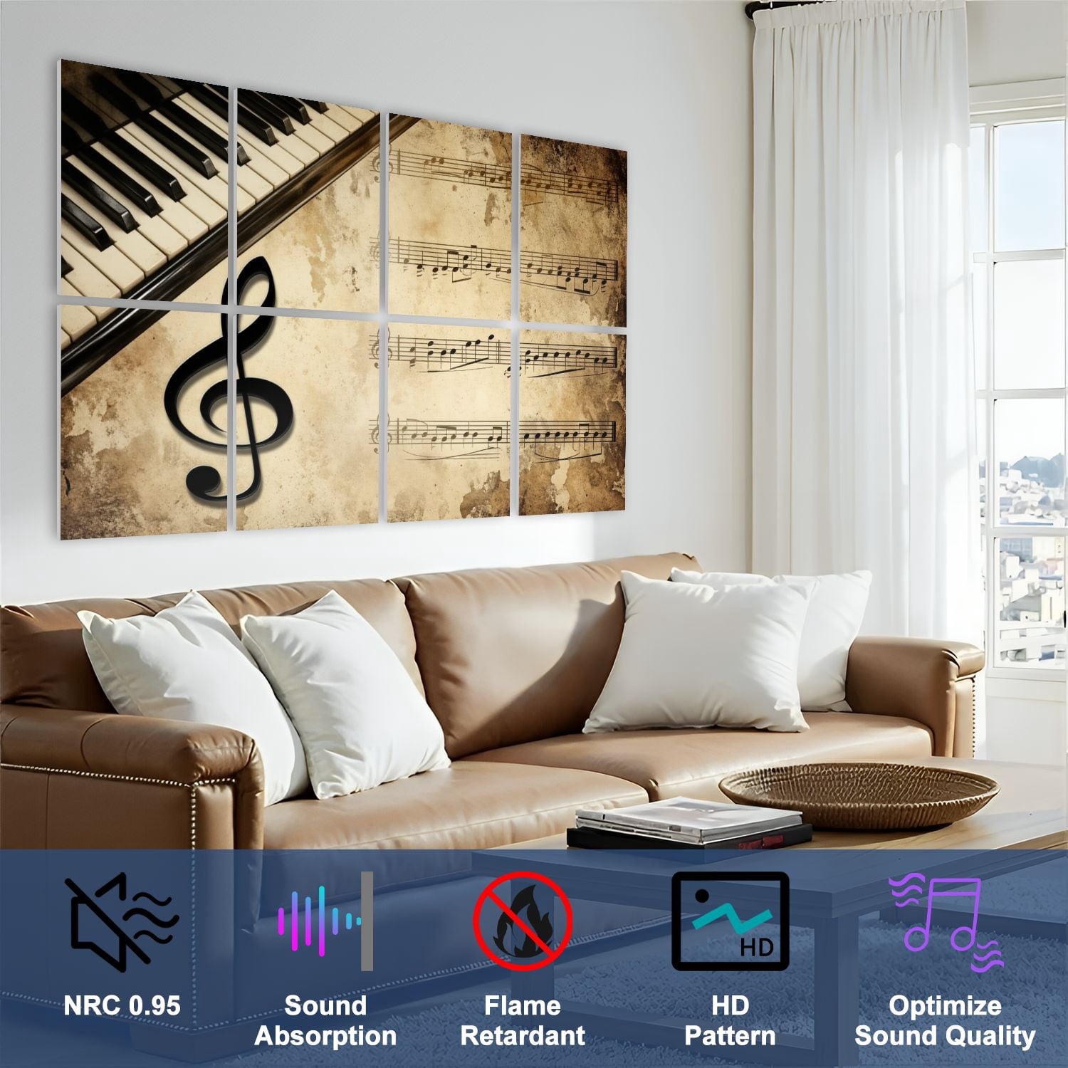 Musical 8 Pack Art Acoustic Panels Sound Absorbing Vintage Piano Keyboard Musical Notes Treble Clef Aged Sheet Decorative Soundproof Wall Panels Self Adhesive for Game Room Music Classroom 48"x32"