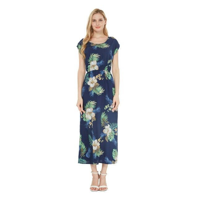 Robe Maxi Simple à Manches Courtes Hawaïenne Luau pour Femmes P Ananas Jardin Marine