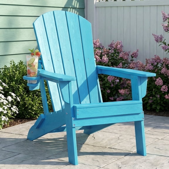 Cobiod Folding Adirondack Chair, HDPE All-Weather Patio Chair With Cup Holder, Wood Grain Ergonomic Outdoor Chair for Backyard, Light-blue