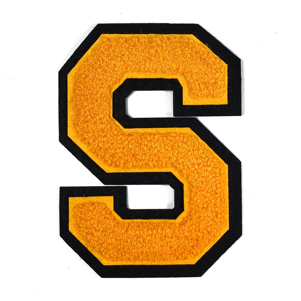 Chenille Stitch Varsity Iron-On Letter Patch - 4-1/2 Inch Golden Yellow/Black Alphabet Letter T, Sew Or Iron On For Jackets, Bags