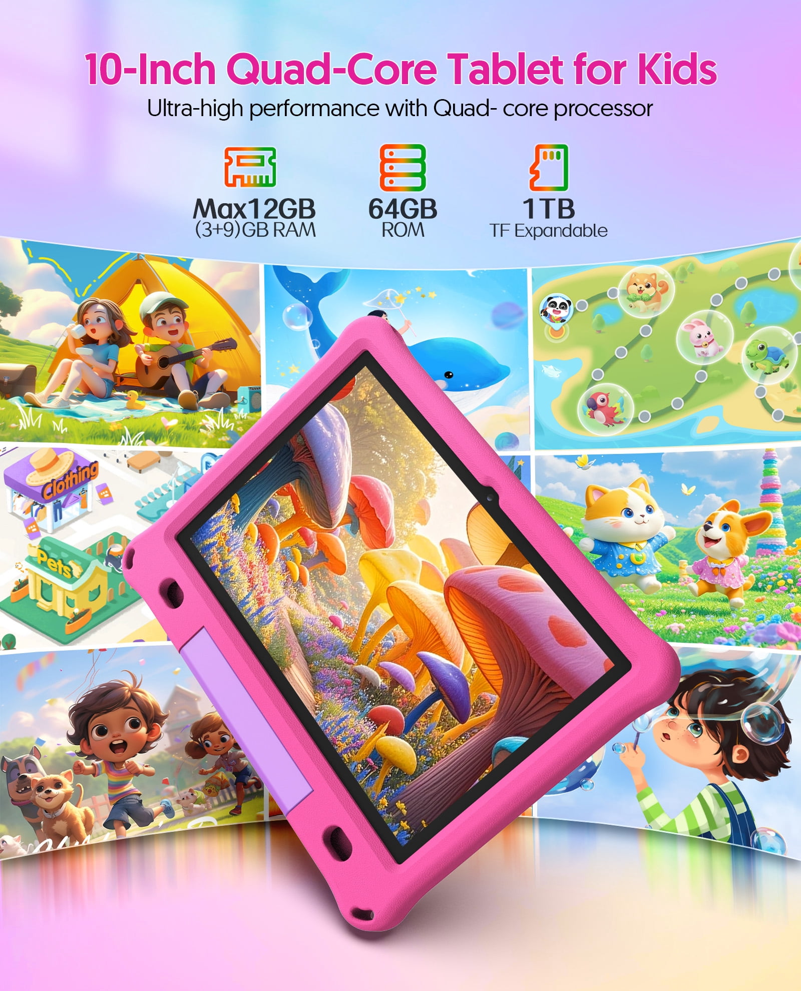 FITIFUN 10.1 inch Kids Tablet Android 15, 3GB RAM 64GB ROM 1TB