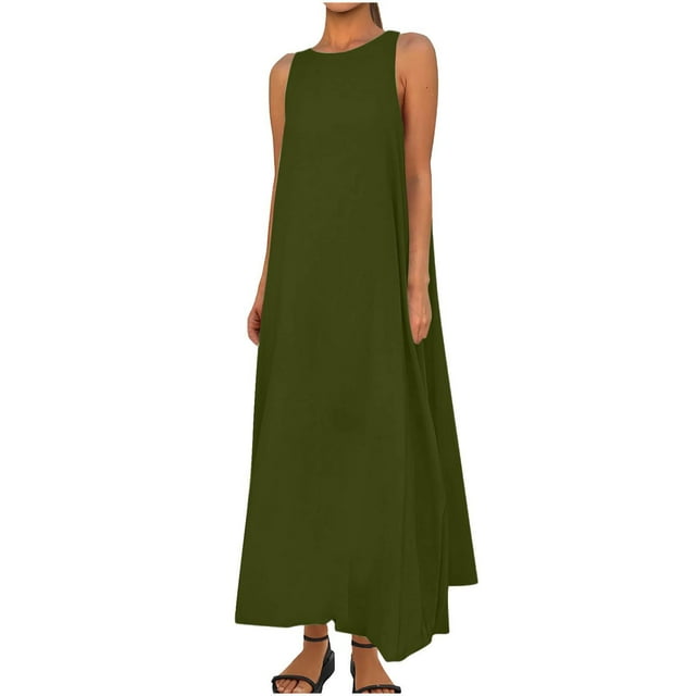Hinvhai Robes d'Été Décontractées pour Femmes en Liquidation - Robe Soleil Sans Manches à Col Rond, Ligne A, Coupe Ample, Longueur Midi, Vert Armée G(L)