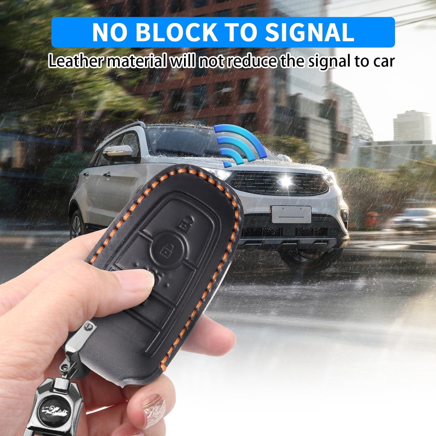 Key Fob Cover Compatible with Fit for Ford Explorer Bronco Escape Expedition Edge F150 Fusion Mustang Ranger Lincoln 4-Button Leather Shell Keychain Case Holder Protector