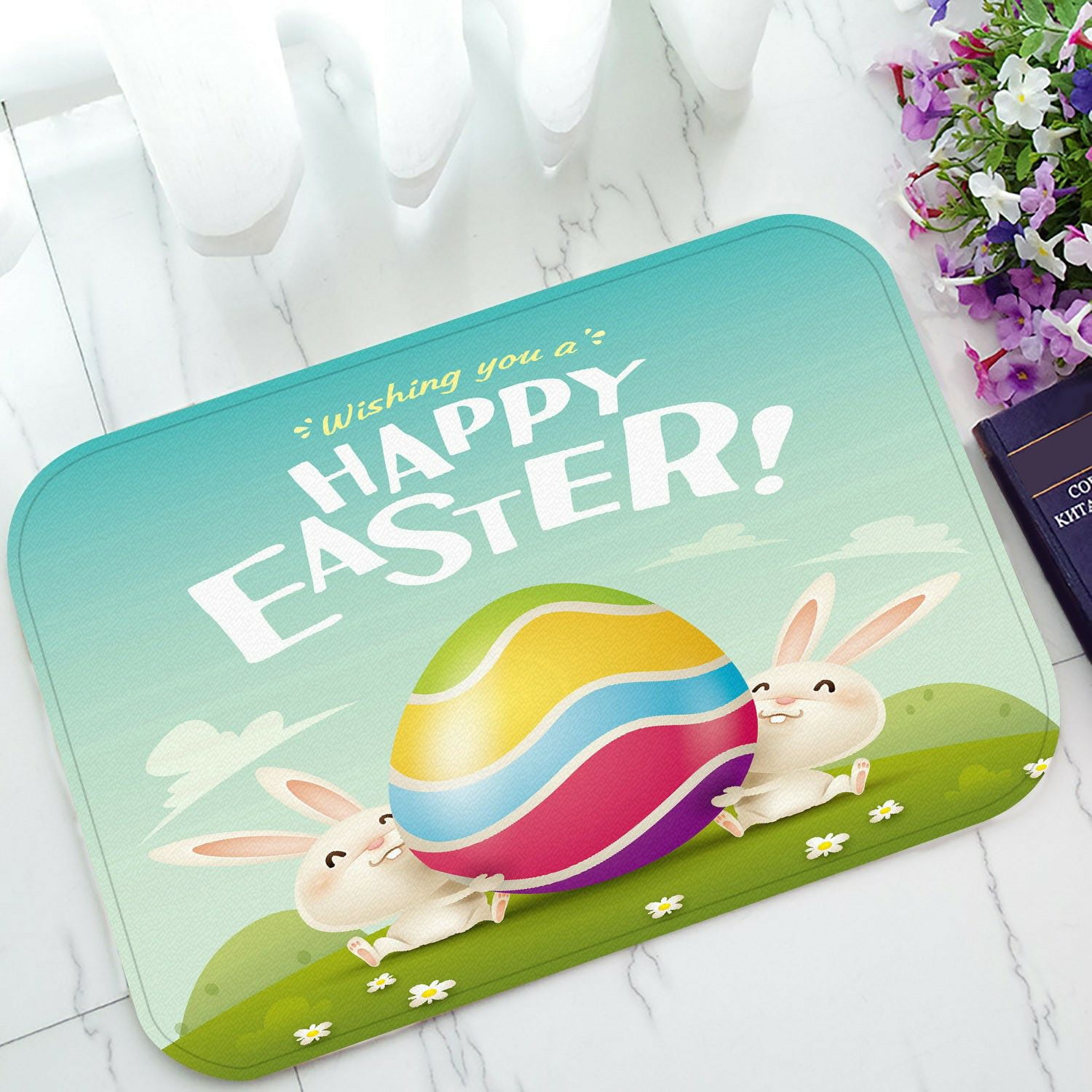 ECZJNT Happy Easter bunnies egg field Doormat Bath Mat Rug Entrance Rug