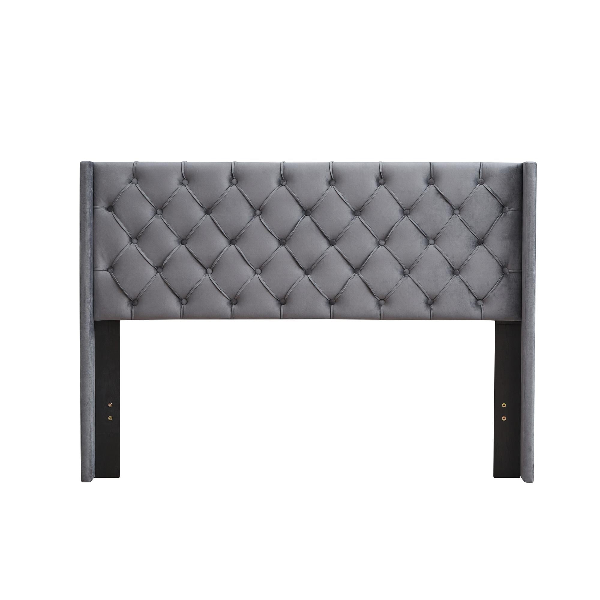 ASINMAK Queen Size Gray Velvet Upholstered Platform Bed Frame with Wingback Headboard
