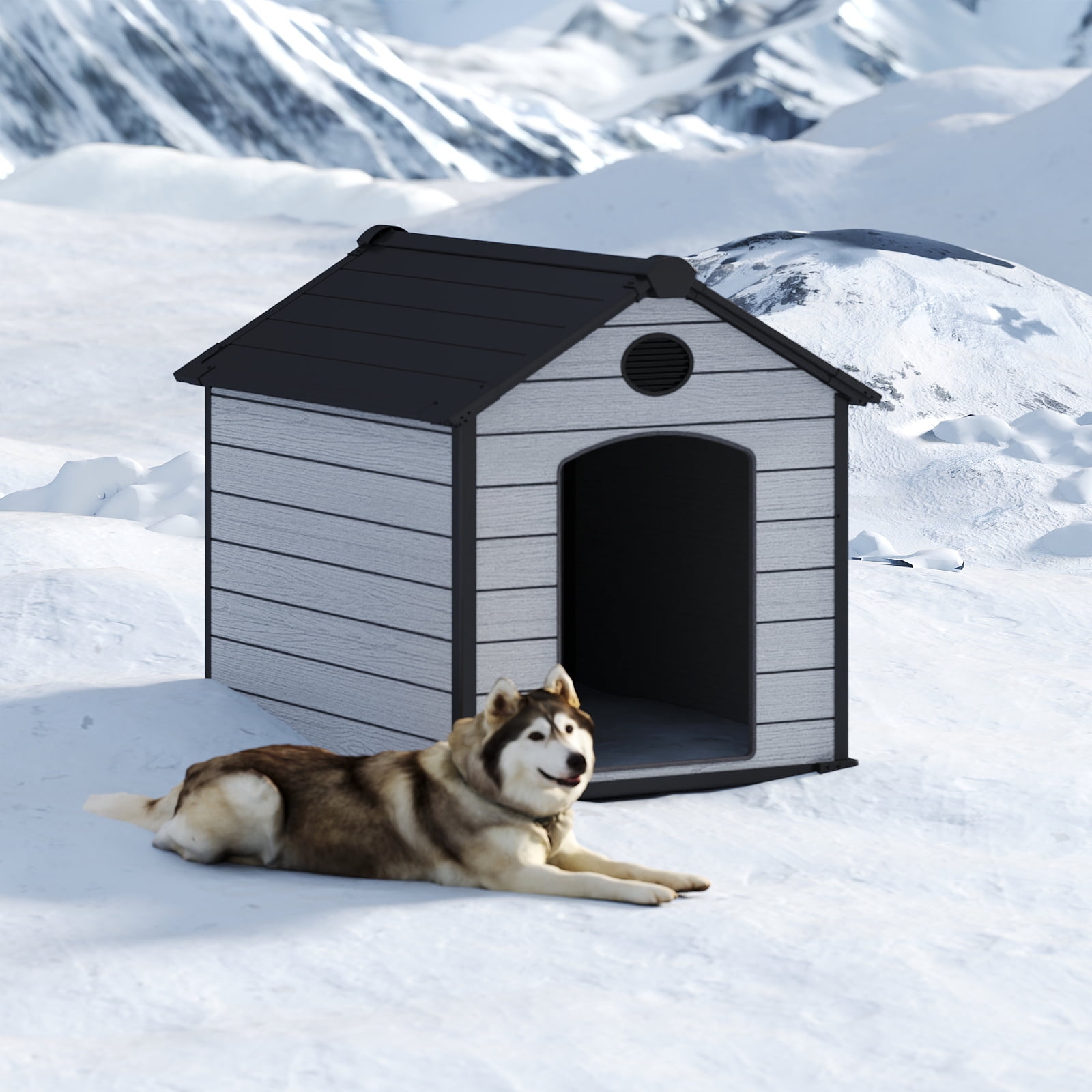 ZYJOYY Outdoor Dog House, 46" Insulated Igloo Style with Elevated Floor, Designed for Large Dogs, Weatherproof Plastic Kennel, Grey