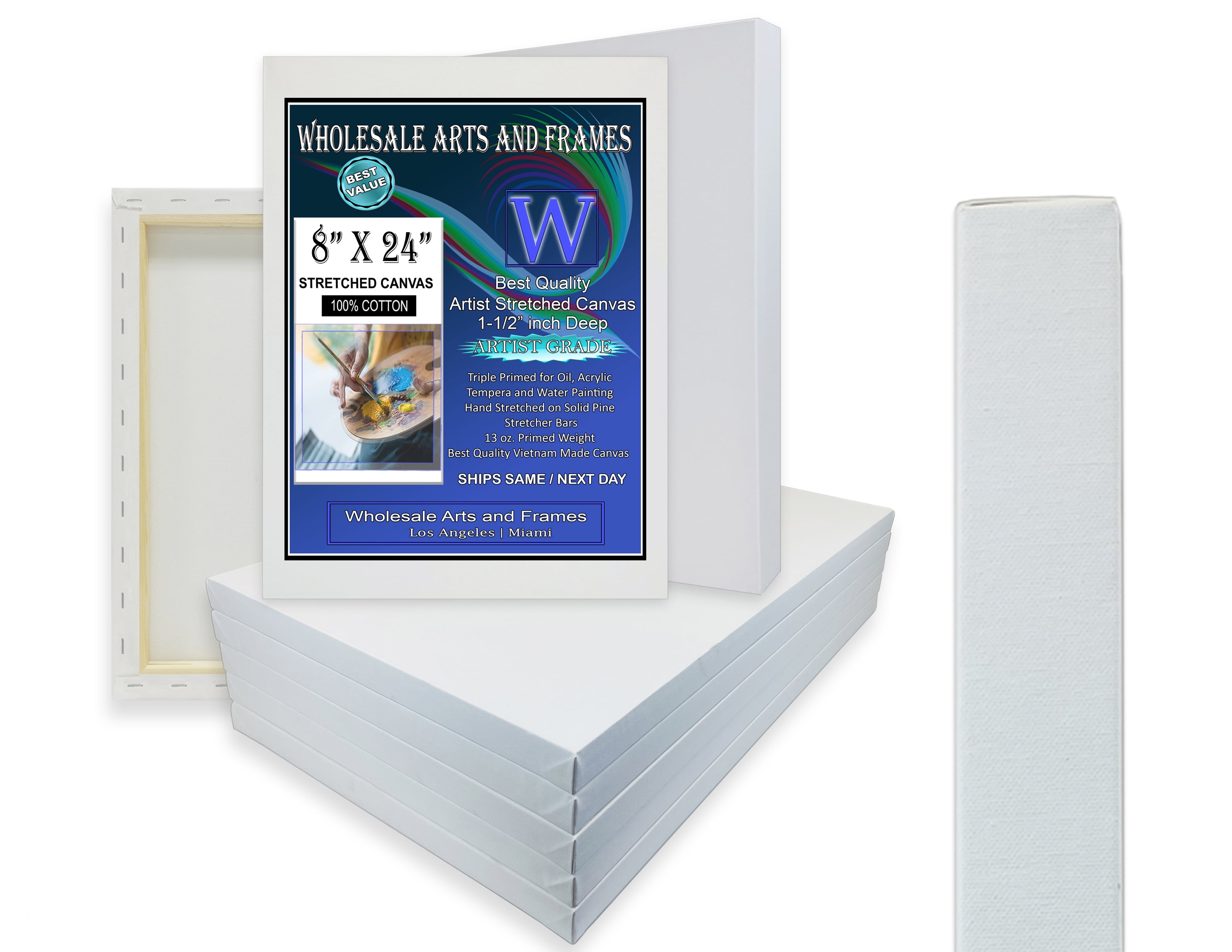 11/2" Gallery Depth Blank Stretched Canvas 8x24 10 PK 13oz Professional Artist Quality, 100