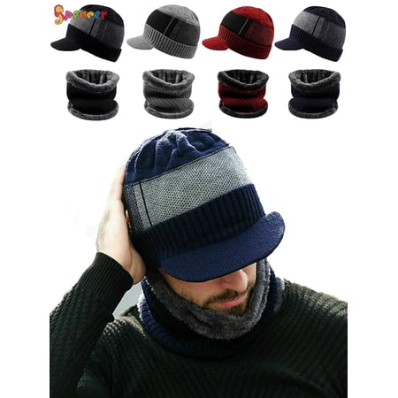 Spencer 2Pcs Men Women Winter Hat Knit Cable Visor Beanie Hat Scarf Set Warm Fleece Lining Thick Knit Skull Cap with Brim Grey