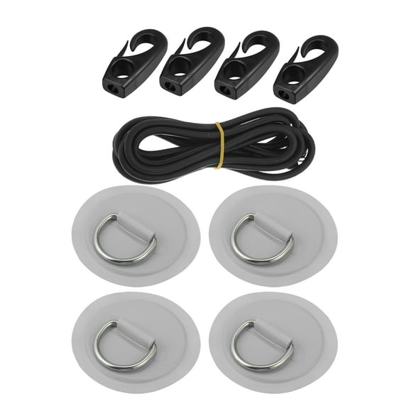 4pcs 8cm Gray D Ring Patch Stainless Steel Round Shape D Ring Pad Set for Inflatable Boat Kayak with 2.5m Rope Hook