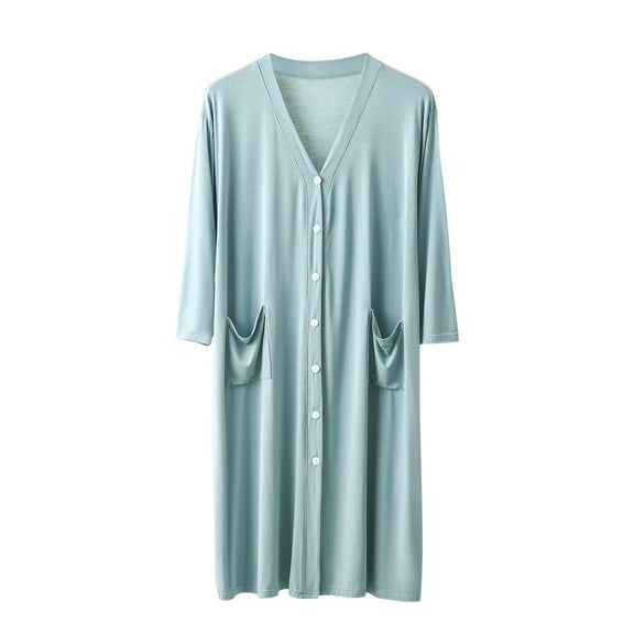 Fancifize Mens Lightweight Long Sleeve Nightgown Soft Button Down V Neck Sleepshirt Casual Loose Sleepwear Loungewear with Pockets