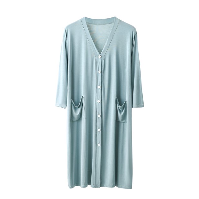 Modal Long Nightgown for Mens Front Buckle V Neck Pjs Tops Loose Fit Sleepwear Solid Basic Sleepwear with Pockets Bathrobe Ultra Soft Textured Quick Dry Loungewear